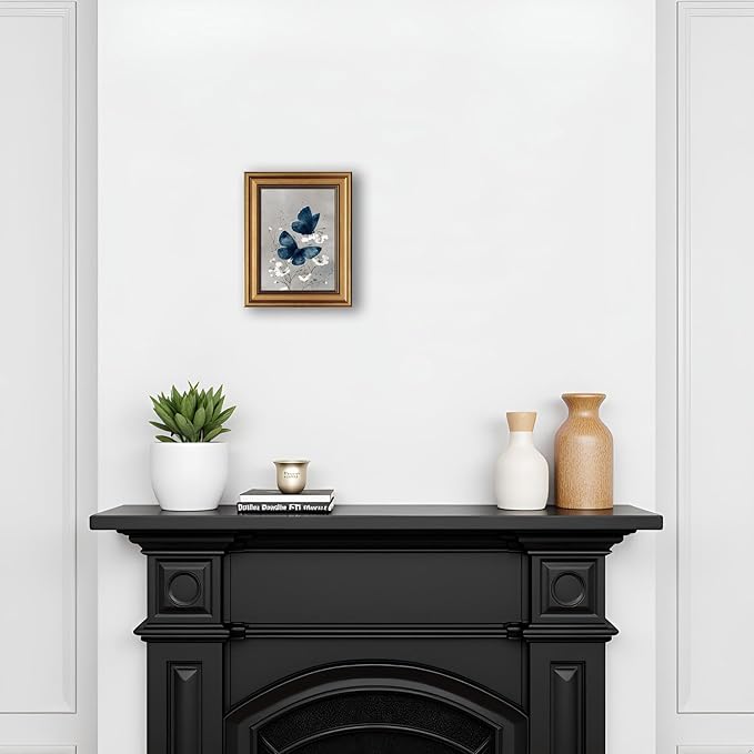okudolit Gold Framed Navy Blue Butterfly Canvas Wall Art Print White Flower Botanical Painting Boho Neutral Insect Gray Vintage Moth Artwork Wall Decor for Living Room Bedroom Bathroom 8x10in