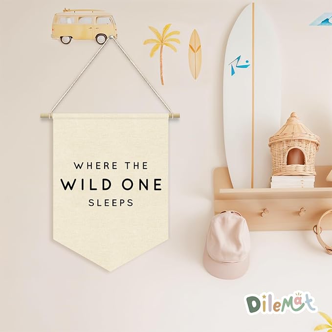 Bedroom Decor Where The Wild One Sleeps Linen Pennant Banner，Adventure Nursery Wall Hanging Flag Banner for Nursery Kids Room Playroom Camper Decor