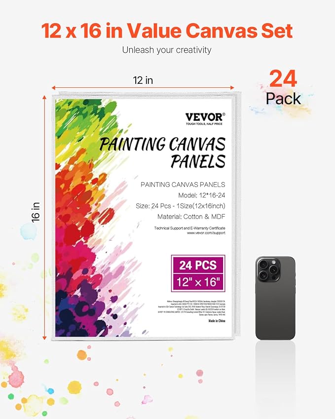 VEVOR Canvas Boards for Painting, 12 x 16 Inch White Canvases for Painting, 24 Pack Painting Canvas Panels for Sketching, Acrylic and Oil Painting, Watercolor, Paint Canvas for Kids and Professionals