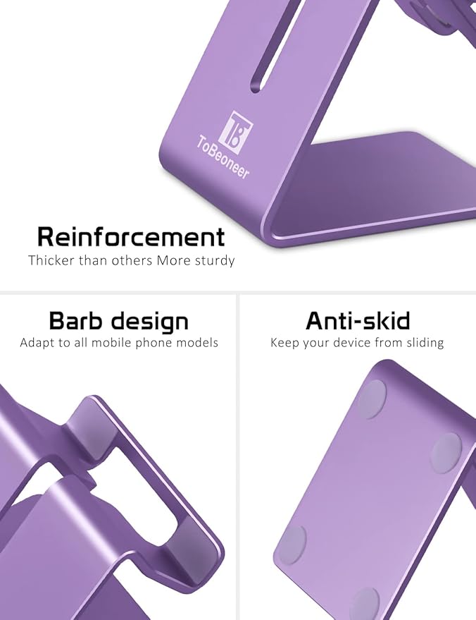 Phone Stand, Aluminum Phone Holder for iPhone 16 15 14 13 12 11 X 8 7 6 Plus 5, Tablet, Samsung, Huawei, Suitable for All Smartphones, Adding a Touch of Style to Your Office Decor, Purple