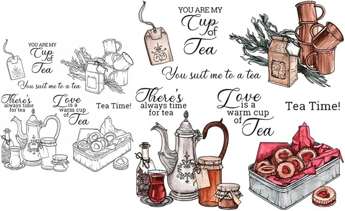 Teapot Cup Biscuits Stamps and Cutting Dies for Card Making DIY Transparent Silicone Clear Stamp and Metal Die Cuts Sets for Scrapbooking Paper Greeting Cards Decor Seals Craft Supplies