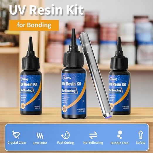 UV Resin Kit with Light, Curing & Bonding in Seconds, 90g/3oz Transparent UV Glue with UV Flashlight for Plastic, Resin, Acrylic, Glass Bonding & Repairing(30g*3)