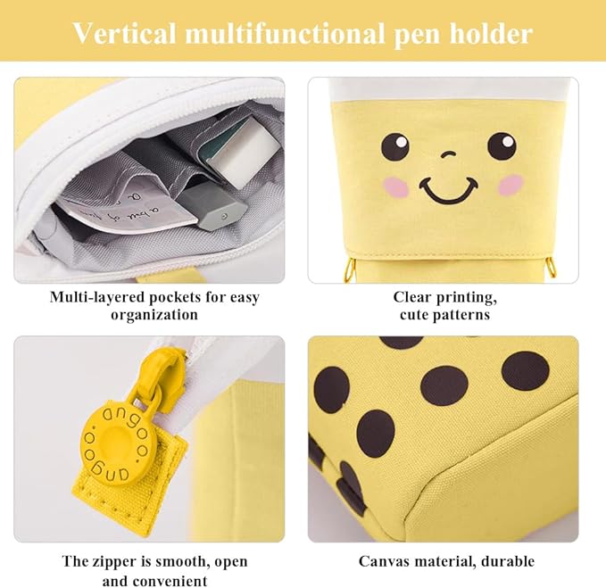 Cute Standing Pencil Case Pen Holder for Kids, Pop Up Stand UP Bubble Tea Pen Organizer Kawaii Stationary for Christmas Holiday New Year Office (Yellow)