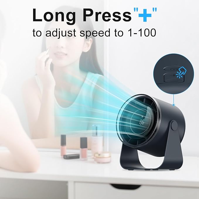 Small Desk Fan, 28dB Ultra-Quiet Desktop Air Circulator with 115° Adjustable Tilt, 100 Speeds, Rechargeable Battery, USB-Powered, Portable for Bedroom, Office, Kitchen, Travel -Bluish Black
