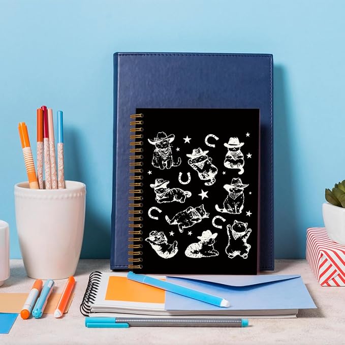 Black Western Cat Spiral Notebook Journal, Cat Mom Lovers Owners Gifts for Women, Vintage Western Cowboy Kittens Aesthetic Notebooks Journals for Work School Note Taking, 5.5x8.3