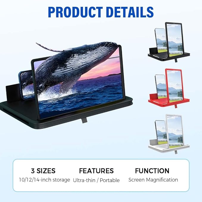 Mobile Phone Magnifier Screen, 3D HD Magnifying Projector Screen Enlarger, Foldable Phone Stand with Screen Amplifier for Movies Videos Gaming, Compatible with All Smartphones (Red-A, 10inch)