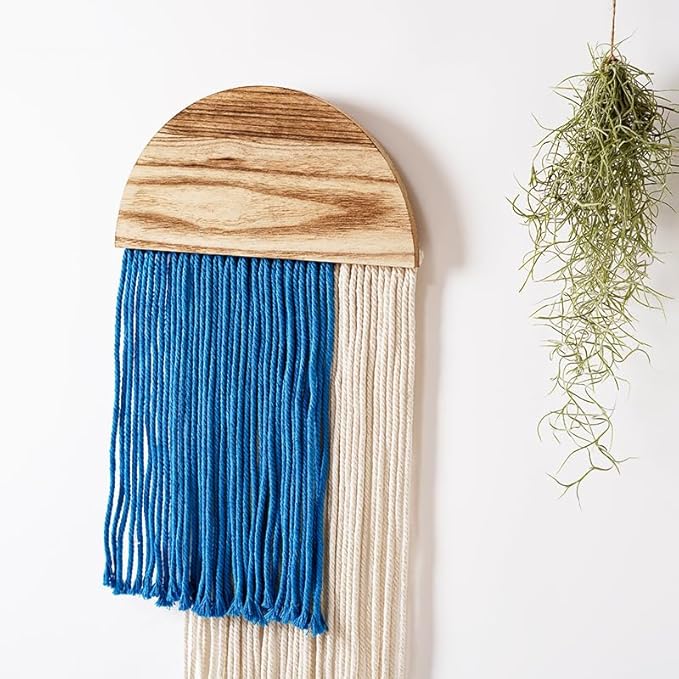 Macrame Wall Hanging, Boho Woven Tapestry, Modern Tassel Wall Decor, Handmade Wall Art Tapestry for Bedroom, Living Room, Home, Bohemian Apartment Decoration Ornament Craft (Blue Semicircle)