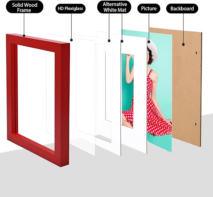 KINLINK 5x7 Picture Frame Red, Solid Wood Frames with Acrylic Plexiglass for 3.5x5/4x6 with Mat or 5x7 without Mat, Tabletop and Wall Display Photo Frame Set of 4