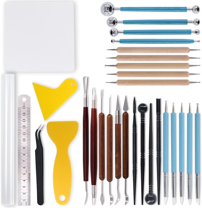 Rustark 30 pcs Polymer Clay Tools with Dotting Pens, Ball Stylus Tool, Ceramic Clay Carving, Rubber Tip Pen, Pottery Sculpting Tool and Supplies for Beginners and Professional Art Crafts