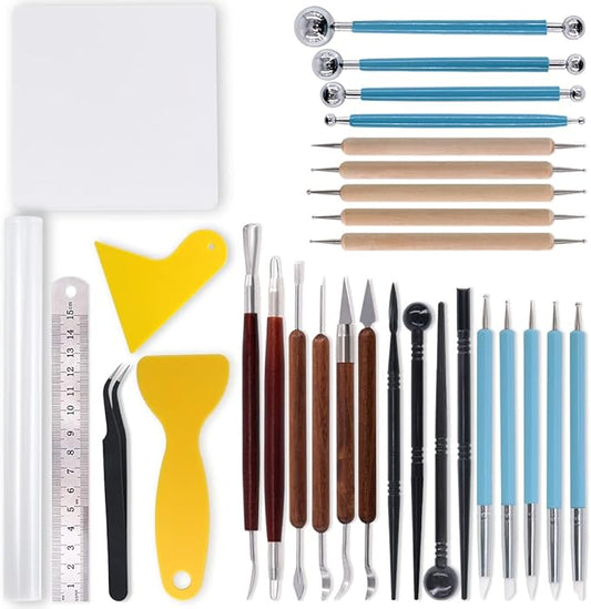 Rustark 30 pcs Polymer Clay Tools with Dotting Pens, Ball Stylus Tool, Ceramic Clay Carving, Rubber Tip Pen, Pottery Sculpting Tool and Supplies for Beginners and Professional Art Crafts