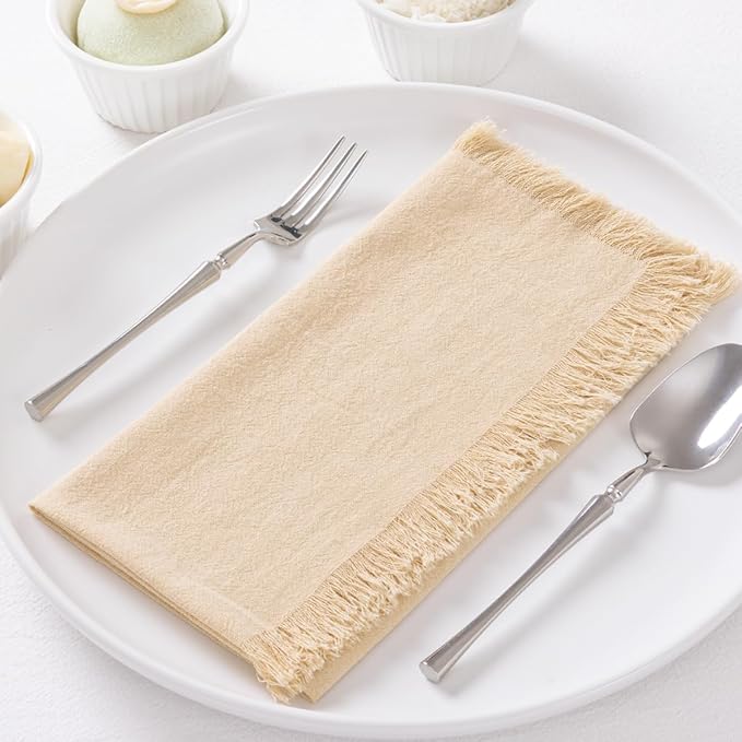 6 Pack Champagne Cotton Linen Napkins with Fringe Spring Cloth Napkins Set of 6 Boho Handmade Dinner Napkins Bulk for Wedding Bridal Baby Shower Valentine's Day, 17 x 17 Inches