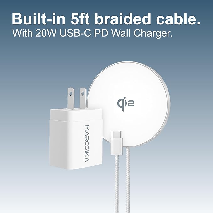 MagSafe-Compatible Qi2 Charger for iPhone 12–17 – 15W Fast Charging Pad with 20W USB-C Adapter & 5ft Braided Cable Included