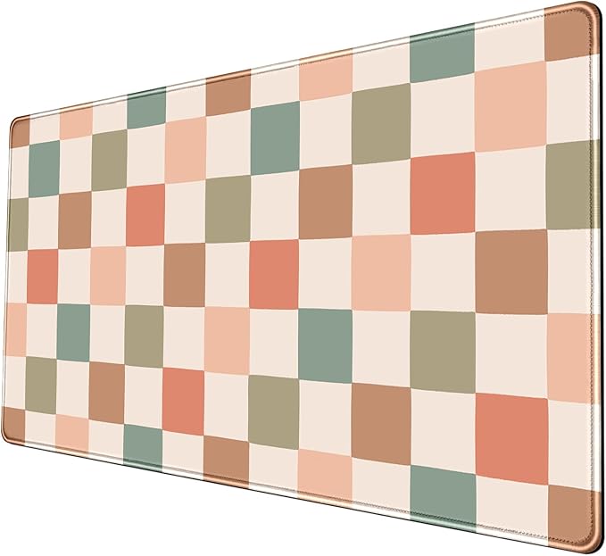 Boho Checkered Desk Mat, Retro Beige Plaid Mouse Pad Xl-31.5x15.7in-Pastel Desk Mousepad-Extended Aesthetic Keyboard Mouse Pad-for Kid Girl with Stitched Edges Non-Slip Office Decor