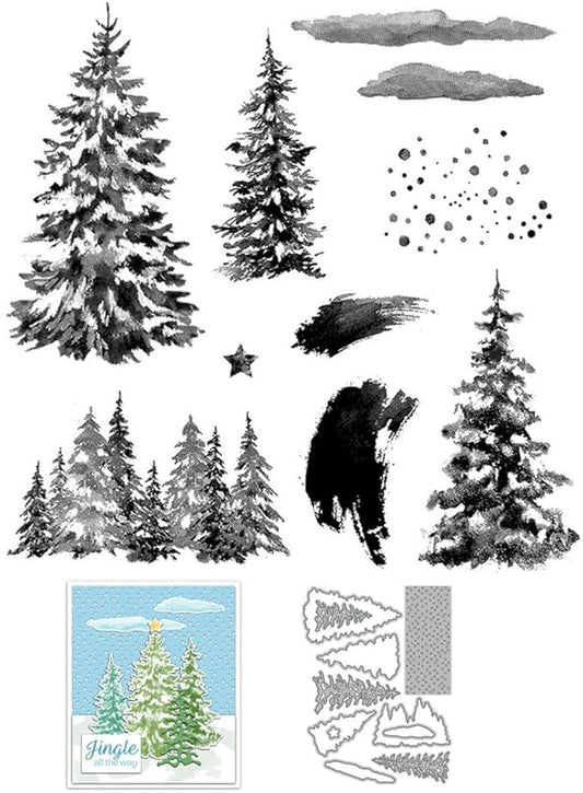 Christmas Tree Snow Stamps and Cutting Dies for Card Making DIY Transparent Silicone Clear Stamp and Metal Die Cuts Sets for Scrapbooking Paper Greeting Cards Decor Seals Craft Supplies