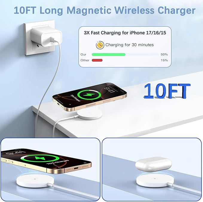 【Apple MFi Certified】Magnetic Wireless Charger,2Pack 10FT Apple Mag-safe Charger,Fast MagSafe Charging Wireless iPhone Charge Pad USB C Block Adapter for iPhone 17 Pro Max/Air/16/15/14/13/12,Air-Pods