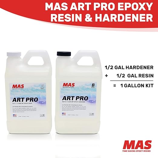 MAS Epoxies Art Pro Epoxy Clear Kit 1-Gallon (0.5-Gal Resin and 0.5-Gal Hardener) Low Viscosity and Enhanced UV Resistance, Ideal for Jewelry Making, Flower Preservation, and Other Resin Crafts