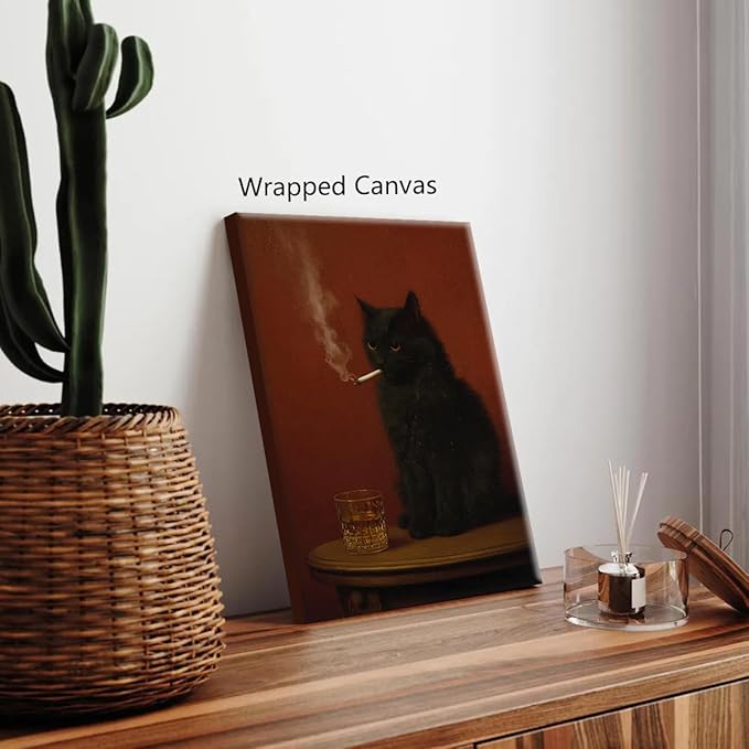 Black Cat Canvas Wall Art, Cat Smoking A Cigarette with Alcohol Oil Painting Poster, Funny Animal Whimsical Bar Cart Print, Quirky Home Bar Pub Man Cave Wall Decor 8x12in Wrapped Canvas