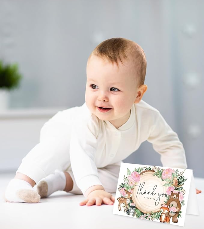 JarThenaAMCS 50 Pack Woodland Thank You Cards Boxed Pink Floral Forest Animal Greeting Cards With Envelopes Stickers Blank Note Cards for Baby Shower Birthday, 4 x 6 Inch