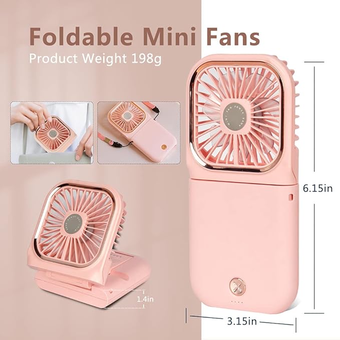 Portable Mini Fan Small Battery Operated Fan 5 in 1 as Power Bank,Phone Holder,Handheld Fan,Desk Fan, USB Rechargeable Personal Hand Fans,3000 mAh Power Bank,3 Speed Adjustable, Neck lanyard, Pink