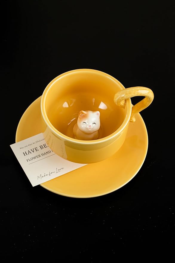 DIHOclub Ceramic Coffee Mug With Saucer 3D Cat Sculpture With Tail Handle - Elegant Office & Gift-Ready Tea Cup for Pet Lovers, Birthday, Christmas (Yellow Cat)