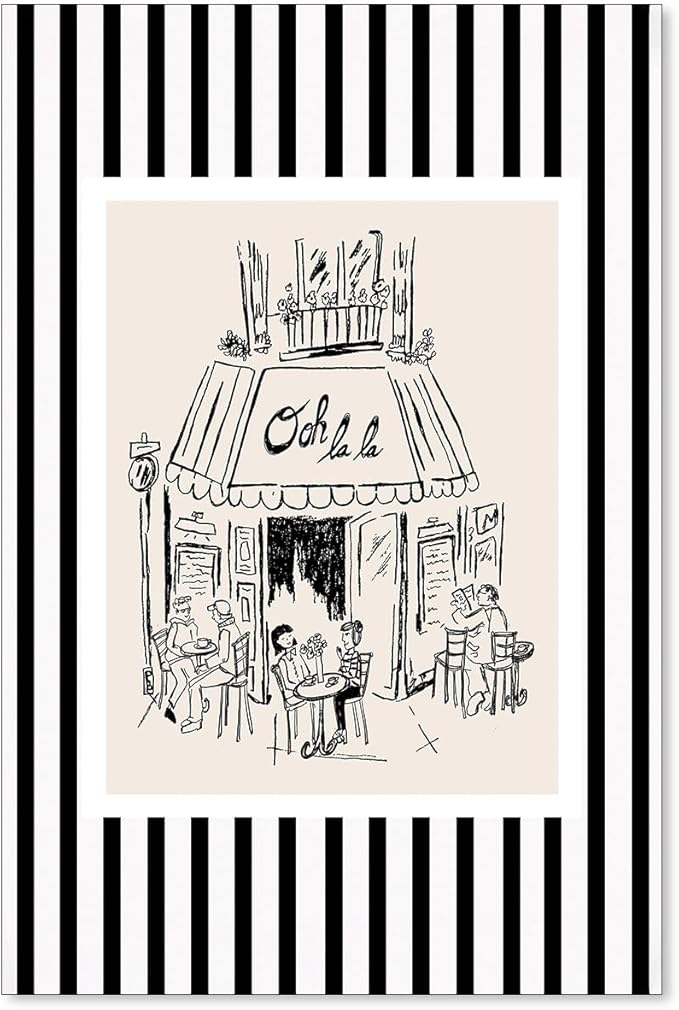 Black and White Stripe Sketch Wall Art French Paris Cafe Aesthetic Poster Funky Minimalist Canvas Prints for Kitchen Coffee Bedroom Wall Decor 16X24 inch Unframed