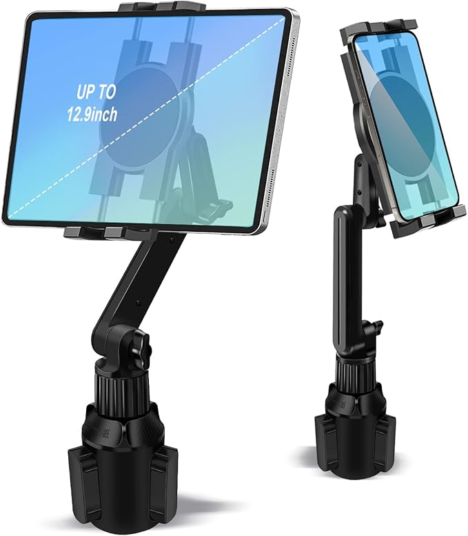 Cup Holder Car Tablet Mount for Truck, 360° Adjustable 15" Long 2-Arm Stand Holder for iPad Pro 12.9/11/10.5/9.7/Air/Mini 6/5/4, Samsung Galaxy Tab/Z Fold 6/5/4, iPhone 17/16/Pro, 4.7-12.9" Tab &Phone
