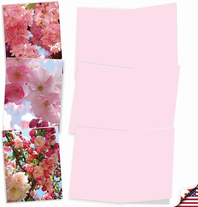 The Best Card Company - 10 Blank Note Cards with Flowers (4 x 5.12 Inch) - Floral Notecards, All Occasion Boxed Assortment - Cherry Blossoms AM6861OCB-B1x10