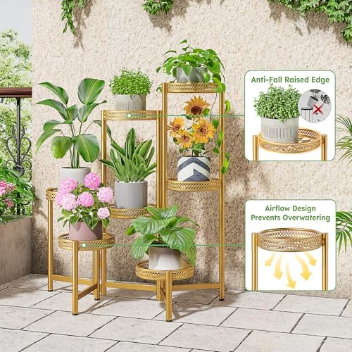 7 Tiered Metal Corner Plant Stand Indoor Outdoor, Tall Large Folding Rack with Rust Proof 10 Inch Wide Tray, Heavy Duty Flower Shelf for Multiple Plants for Patio - GoldWave - Image 4
