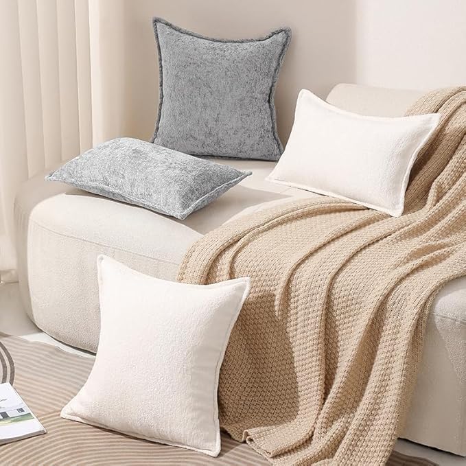 Pack of 2 Cream White Decorative Throw Pillow Covers 12x20 Cozy Soft Chenille Accent Vintage Rectangular Lumbar Couch Pillow Covers for Home Decor Bed Sofa Living Room