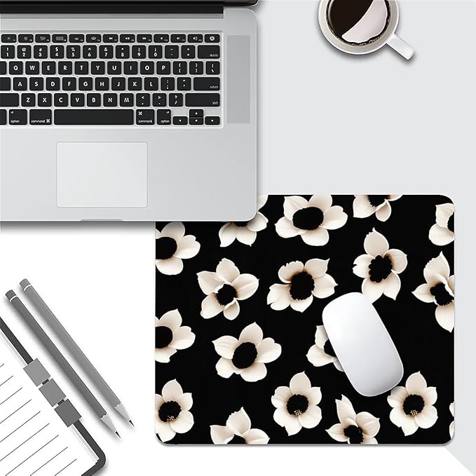 Square Mouse Pad Black White Flowers 1, Personalized Premium-Textured Custom Mouse Mat Design, Washable Mousepad Cloth, Non-Slip Rubber Base Computer Mouse Pads for Wireless Mouse