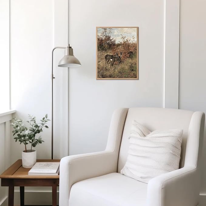 Uniro Vintage Fall Wall Art for Bedroom Decor, Rustic Farmhouse Wall Decor Autumn Deer Countryside Wall Painting Canvas Prints Landscape Oil Painting Fall Wall Decor Vintage Art Pictures for Bedroom Bathroom Kitchen Decor( 8" x 10"-UNFRAMED)