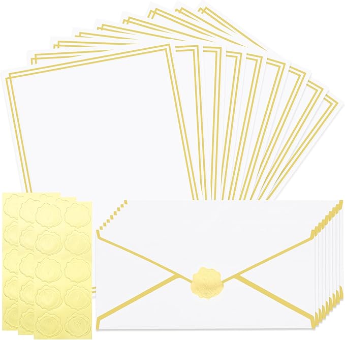 30 Pack Stationery Paper Set with Gold Border Including #10 Business Envelopes and 8.5x11 Paper Sheets 30 Gold Stickers for Love Letters and Party Invitations (White)