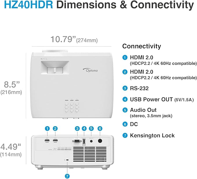 Optoma HZ40HDR HD DLP Theatre and Gaming Projector - White