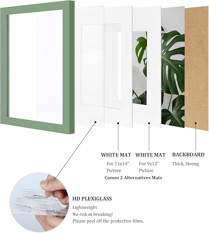 Egofine 12x16 Picture Frames 4PCS Covered by Plexiglass, Made of Solid Wood, Display Pictures 9x12 and 11x14 with Mat or 12x16 Without Mat for Table Top and Wall Mounting, Green