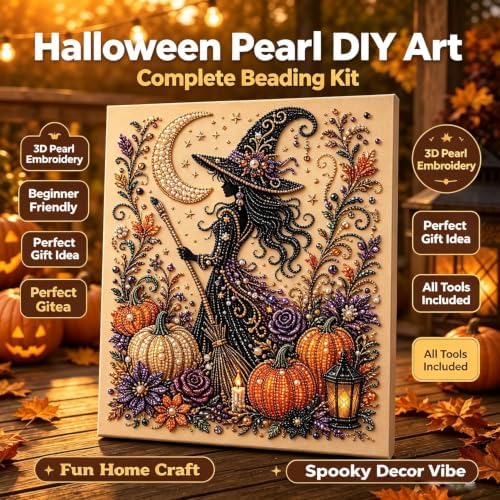 LAPUOTSP Halloween Ghost Pearl Art DIY Kit，Vintage Bead Embroidery Style Witch & Black Cat Ghost Pumpkin Rhinestone Canvas Art, DIY Gem Art Wall Hanging Decor, Unique Holiday Handcraft Gift - Image 4