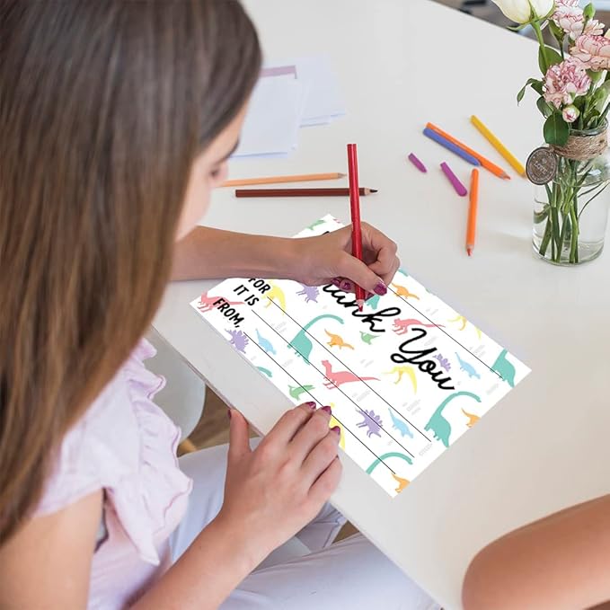 Andaz Press Kids Fill in the Blank Thank You Cards - 20 Cards Including Envelopes Colorful Dinosaur Fun Gender Neutral Note Cards For Boys or Girls, Thank You Notes for Friends, Family, Party Guests