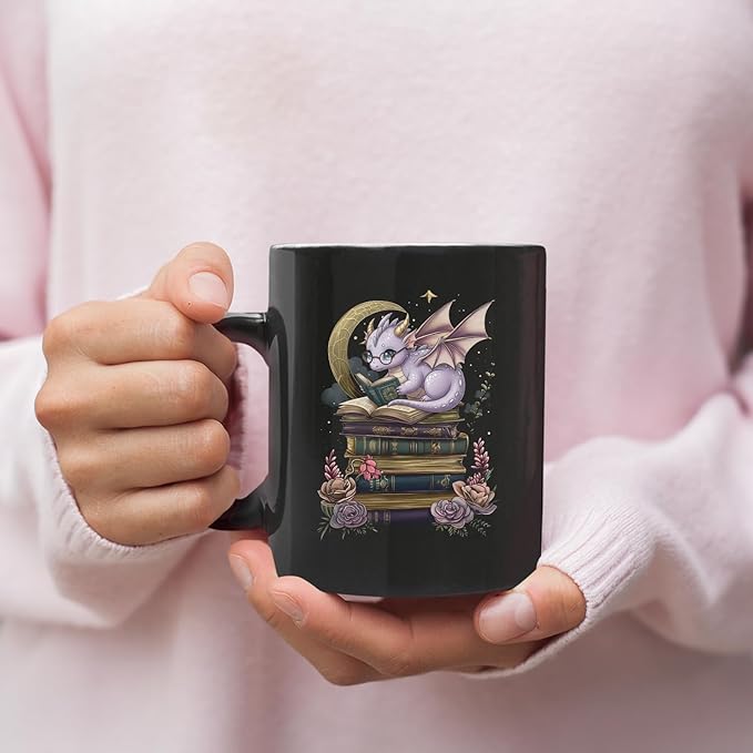 Personalized Cute Tarot Book Dragon Mug, Cute Purple Romantasy Dragon Reading Books Ceramic Cup for Bookish 11oz - 15oz