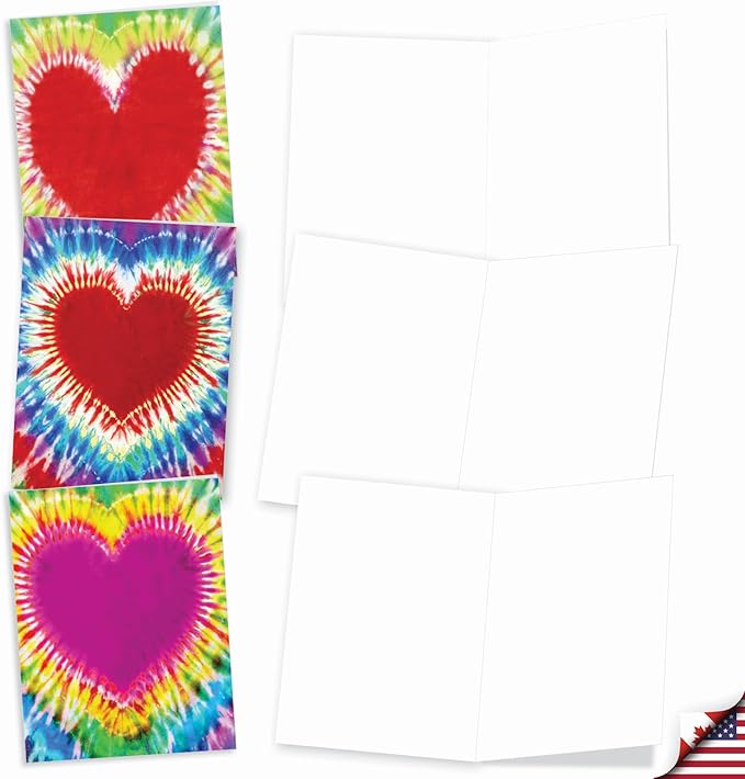 The Best Card Company - 20 Cute Boxed Cards (4 x 5.12 Inch) - Assorted Blank Set (10 Designs, 2 Each) - Tie-Dye Hearts AM9162OCB-B2x10