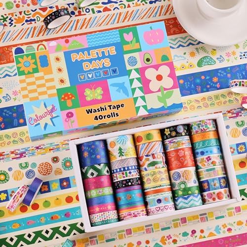 emmoolife 40 Rolls Washi Tape Set, Vibrant Color Palette-Themed Cute Decorative Tapes for Scrapbooking, Bullet Journaling, Junk Journal Supplies, DIY Planner Art, 5-30mm Wide - Image 4
