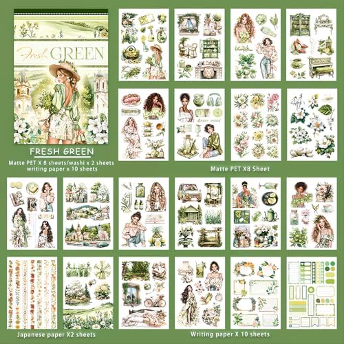 Snycler Sticker Book - 20 Sheets Vintage PET Stickers for Scrapbooking, Junk Journaling, Ephemera, and Decorative Crafts-Fresh Green - Image 6