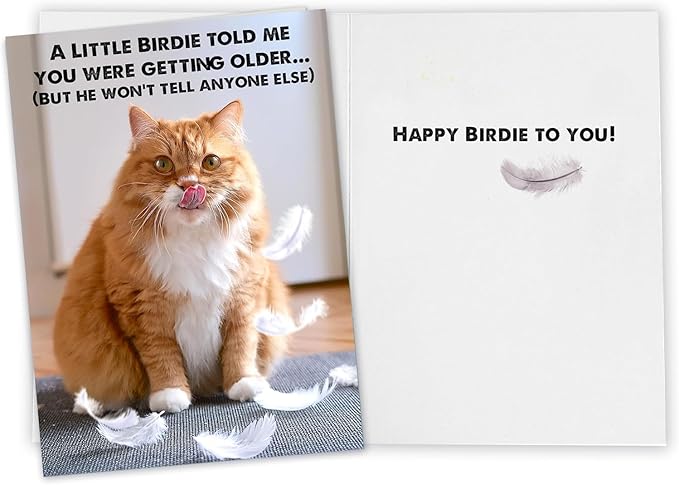 Funny Birthday Cat Card for All, Women, Men, Mom, Dad, Sister, Brother and Friends, Cat Photo Card with envelope and Free Note Card including the Little Birdie who won't tell