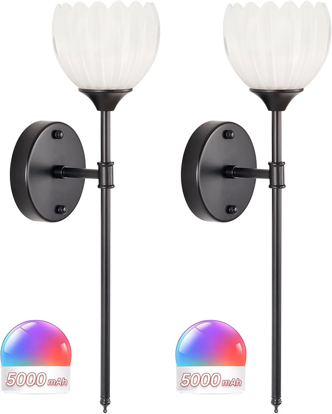 Battery Operated Wall Sconce Set of 2, White Tulip Vintage Wall Light Fixture Rechargeable 5000mAh Battery Powered Wall Lamp with Remote for Living Room Bathroom, Black
