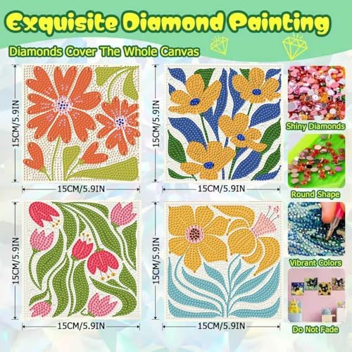 ICYANART 4 Pack Flowers Diamond Art Kits for Kids Age 6-12 6x6 Inch - Image 3