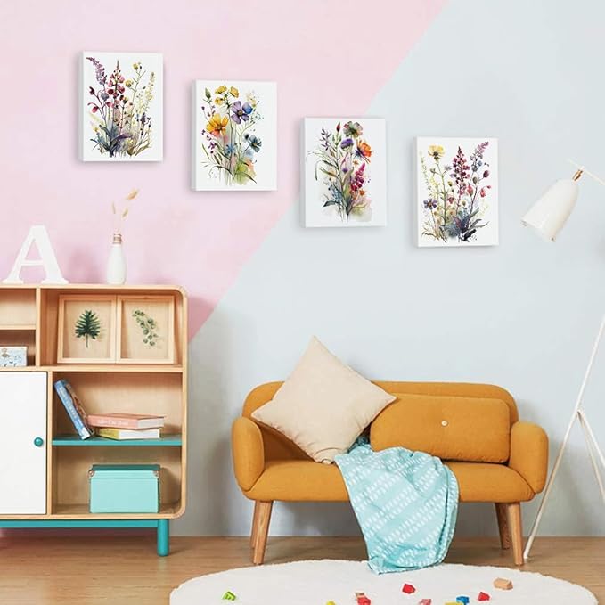Framed Colorful Wildflower Art,Botanical Plant Leaves Canvas Wall art,Watercolor Minimalist Wildflowers Art Print,Watercolor Blooming Floral Flower Artwork for Garden Farmhouse Decor Set of 6(8"x10")