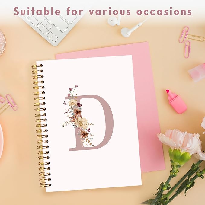 Lacama Pink Initial Letter D Notebook Journal, Aesthetic Wildflower Personalized Spiral Notebook, Customized Monogrammed Gifts, Birthday Gifts for Women, School Supplies, Office Supplies 5.5x8.3