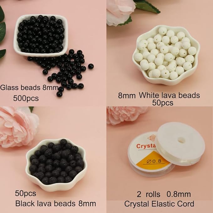 Pamir Tong 600PCS Black Glass Round Beads Bulk， Imitative Jade Beads, Lava Beads, Bracelet Loose Beads for Jewelry Making Earring, Necklaces, and DIY Crafts (8mm Black)