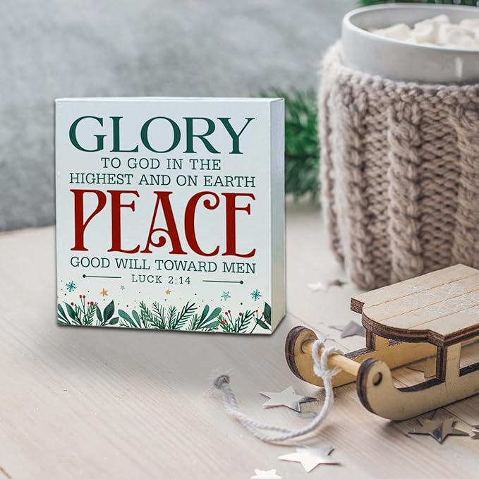 Christmas Christian Wooden Desk Decor Sign, Glory to God in The Highest and on Earth Peace Goodwill Toward Men, Christmas Home Plaque for Living Room Bedroom Tabletop Decor 5x5 Inches