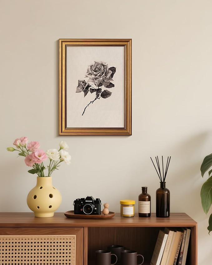Bzstyleart Vintage Wall Art Decor for Living Room,Rose Flower Canvas Prints,Gold Framed Vintage Wall Decor,Sketch Painting Picture,Home Decor Aesthetic for Shelf Kitchen Bathroom,12L x 16W