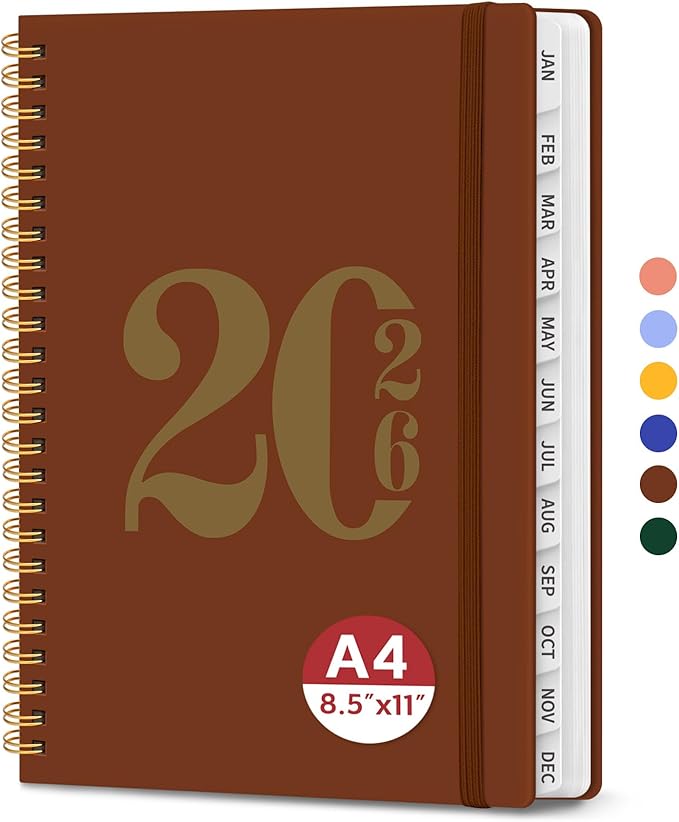 2026 Planner, Weekly and Monthly Calendar Planner for Women, Jan 2026 - Dec 2026, Hardcover Planning Agenda book with Tabs, Spiral Bound, Inner Pocket, Perfect for School Office Supplies, 8.5" x 11" - Rust Brown
