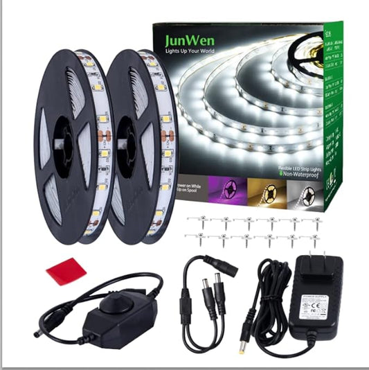 40ft Daylight White Led Strip Lights, 6000K 12V Dimmable Flexible Led Tape Light, Cuttable Led Lights Strip for Bedroom Christmas, Kitchen, Cabinet, Mirror, Not Waterproof